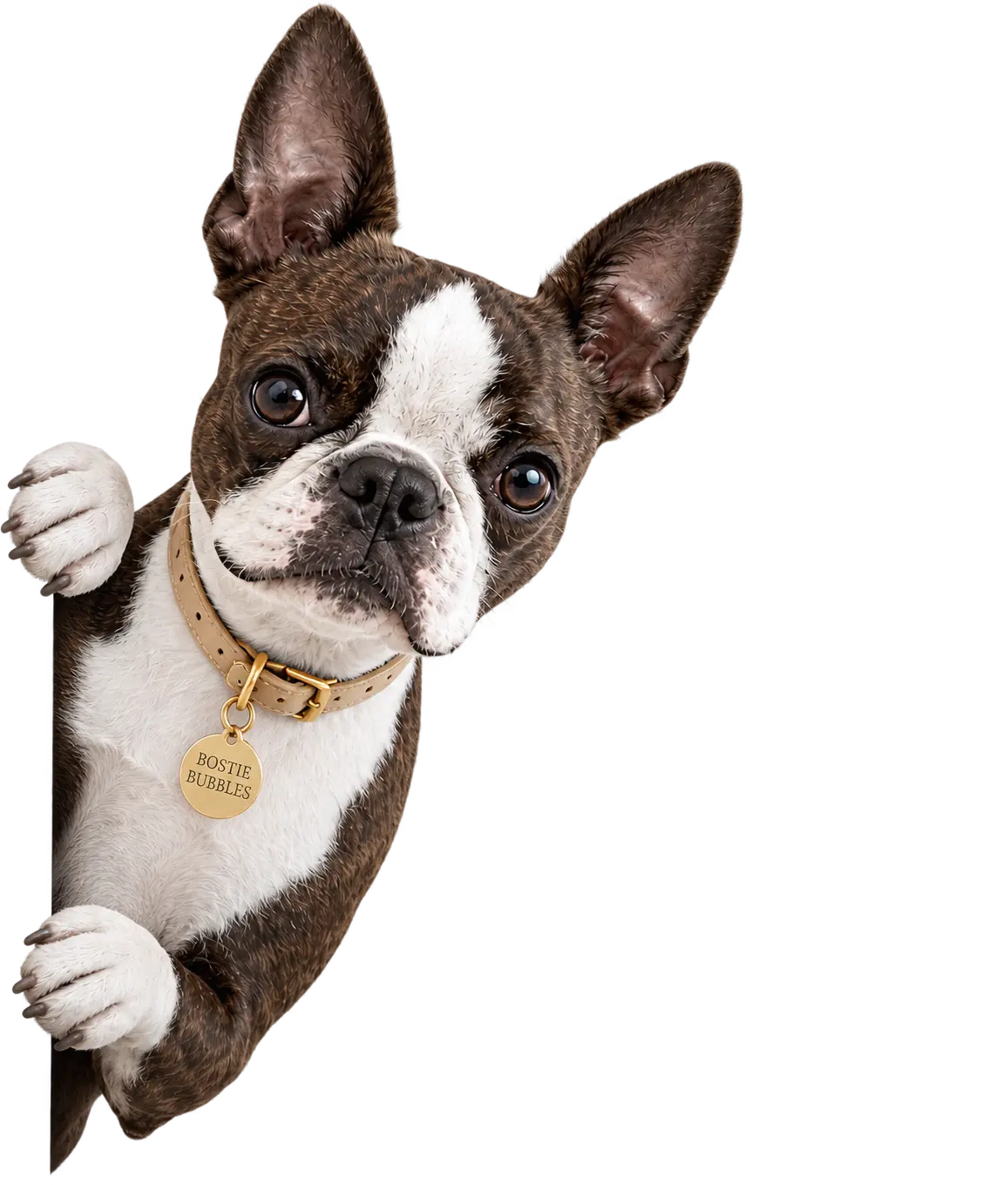 Boston Terrier peeking playfully from the side wearing a Bostie Bubbles collar tag