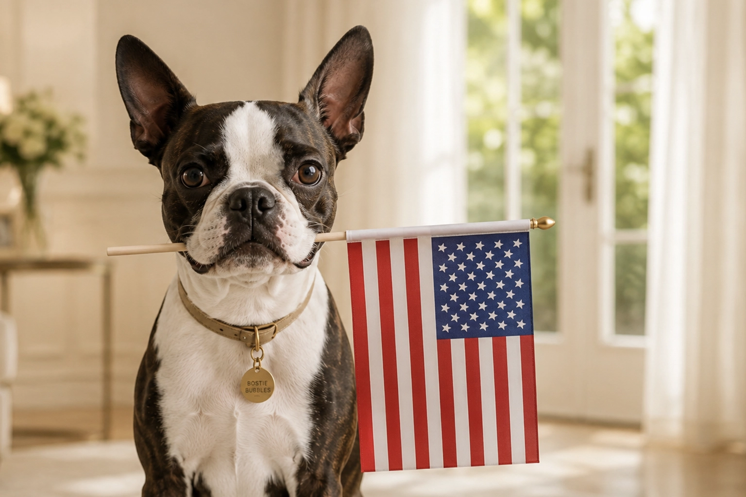 Boston Terrier holding an American flag in an elegant living room