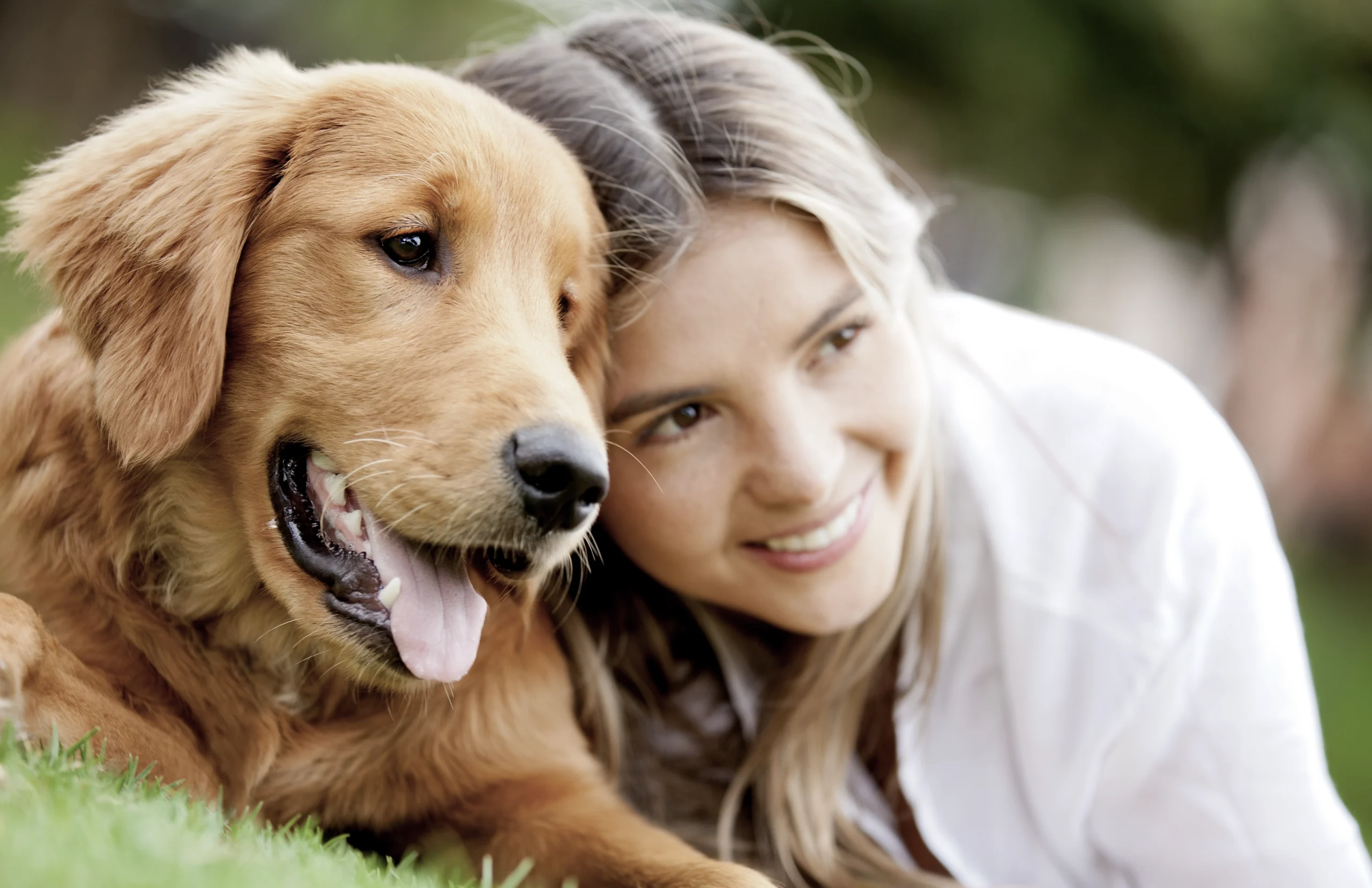 woman smiles with golden retriever in green grass