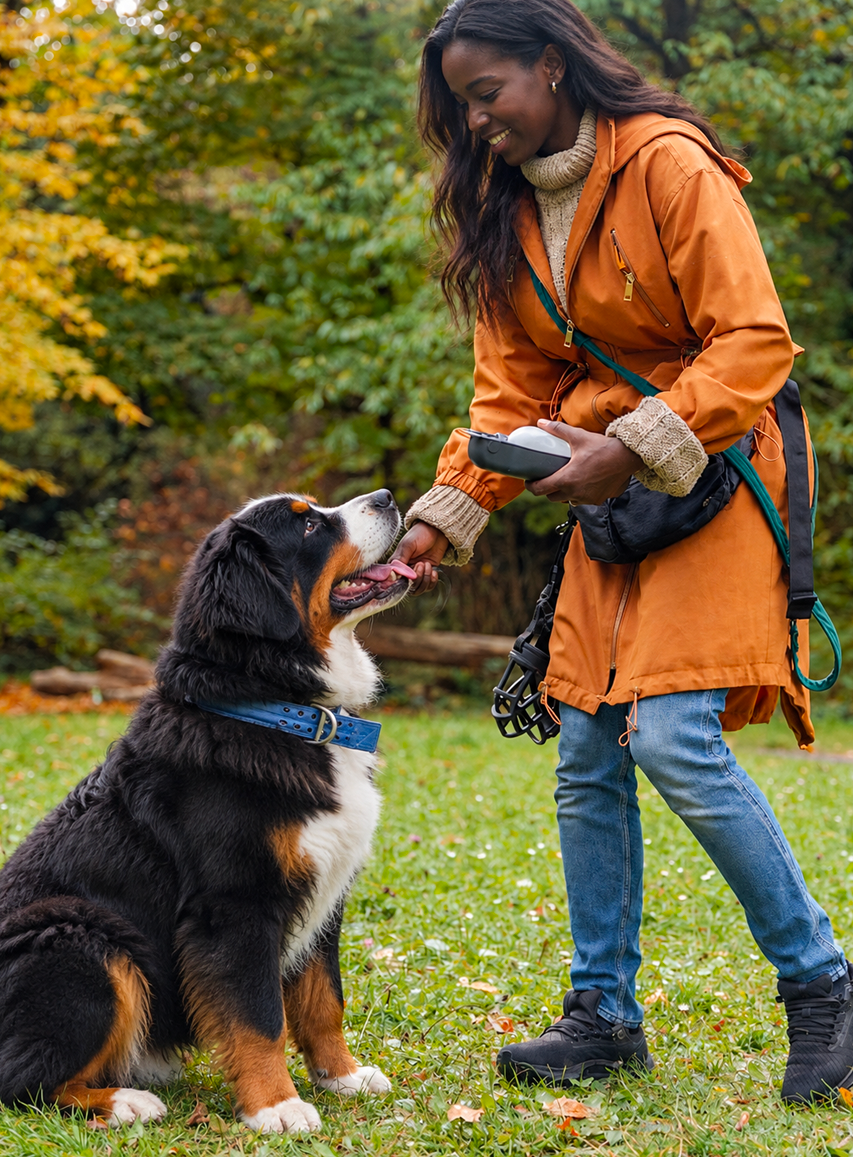 Woman caring for her dog during a walk in the park