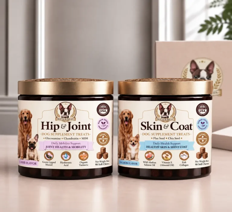 Bostie Bubbles - Hip & Joint and Skin & Coat dog supplement treats, 90 soft chews per jar.