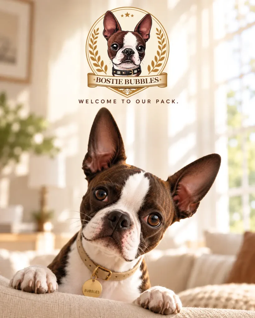 Bubbles, a curious brindle and white Boston Terrier dog, peeks over a cream-colored sofa in a warm, sunlit living room. Above him, the Bostie Bubbles logo welcomes dog lovers with the message “Welcome to Our Pack.” Bostie Bubbles is a dog wellness brand dedicated to the care and happiness of dogs.