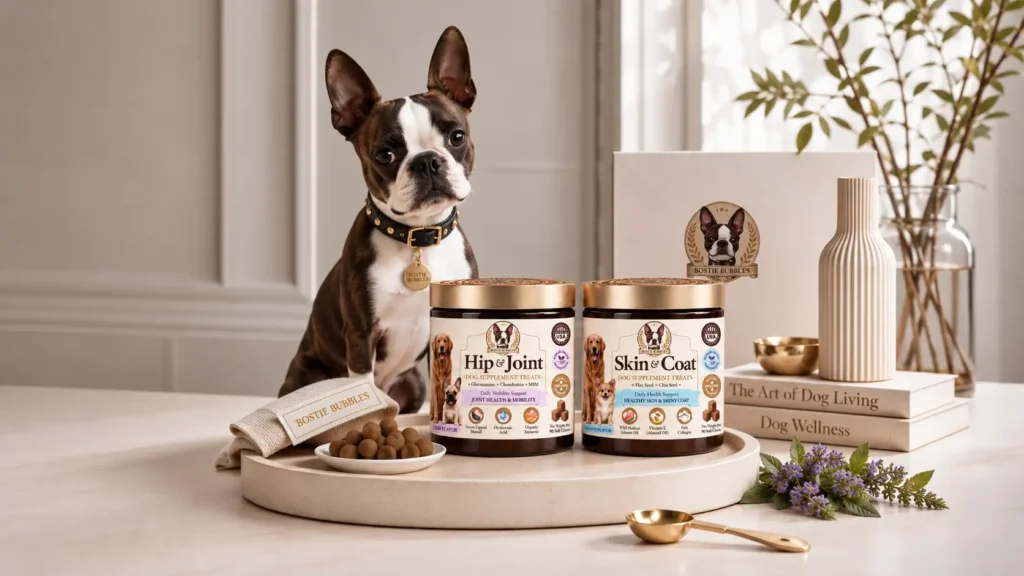 Boston Terrier with Bostie Bubbles Skin & Coat and Hip & Joint dog supplement treats.