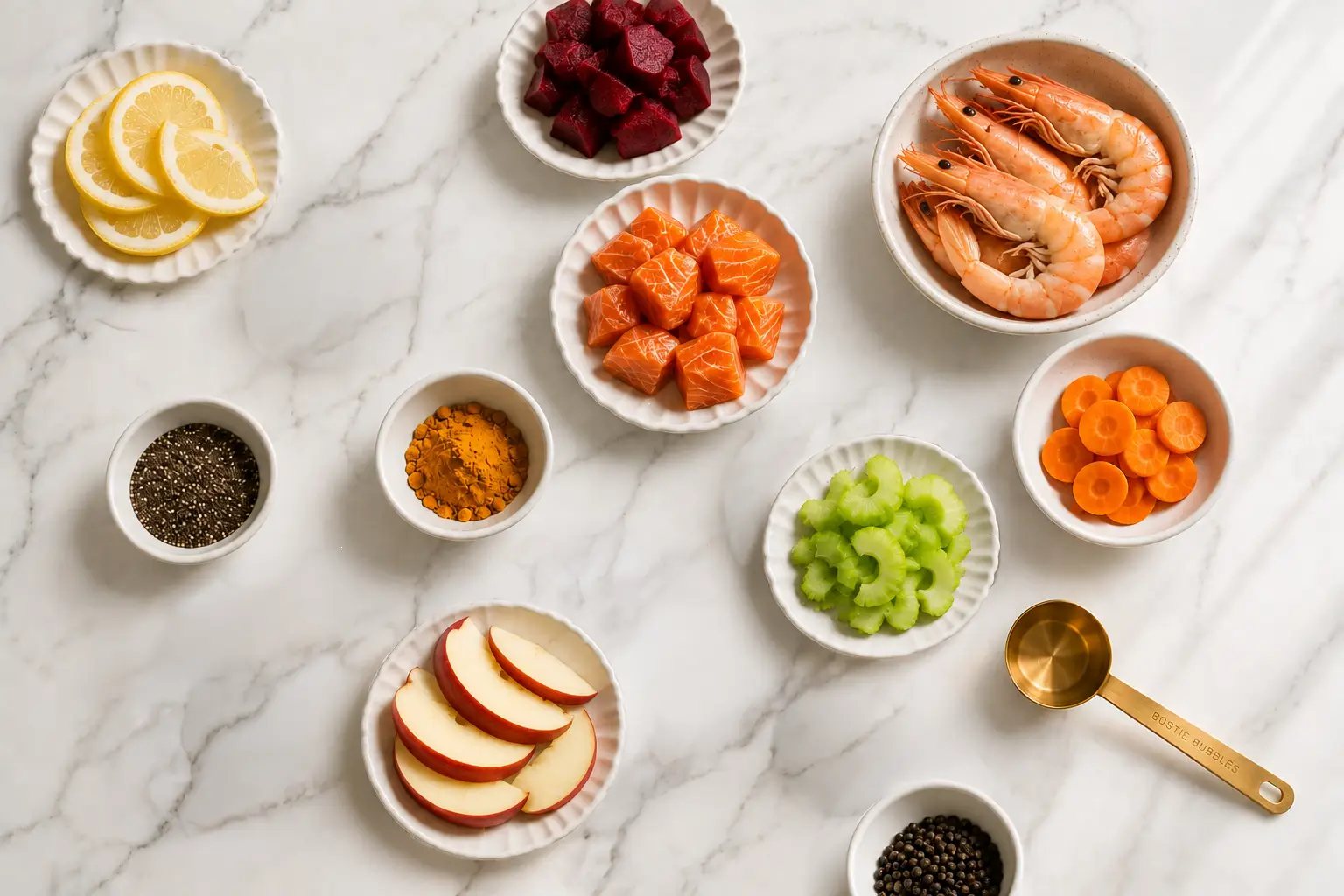 Natural ingredients for Bostie Bubbles dog supplements, including salmon, shrimp, chia seeds, flax seeds, turmeric, apples, carrots, celery, lemon and beetroot.