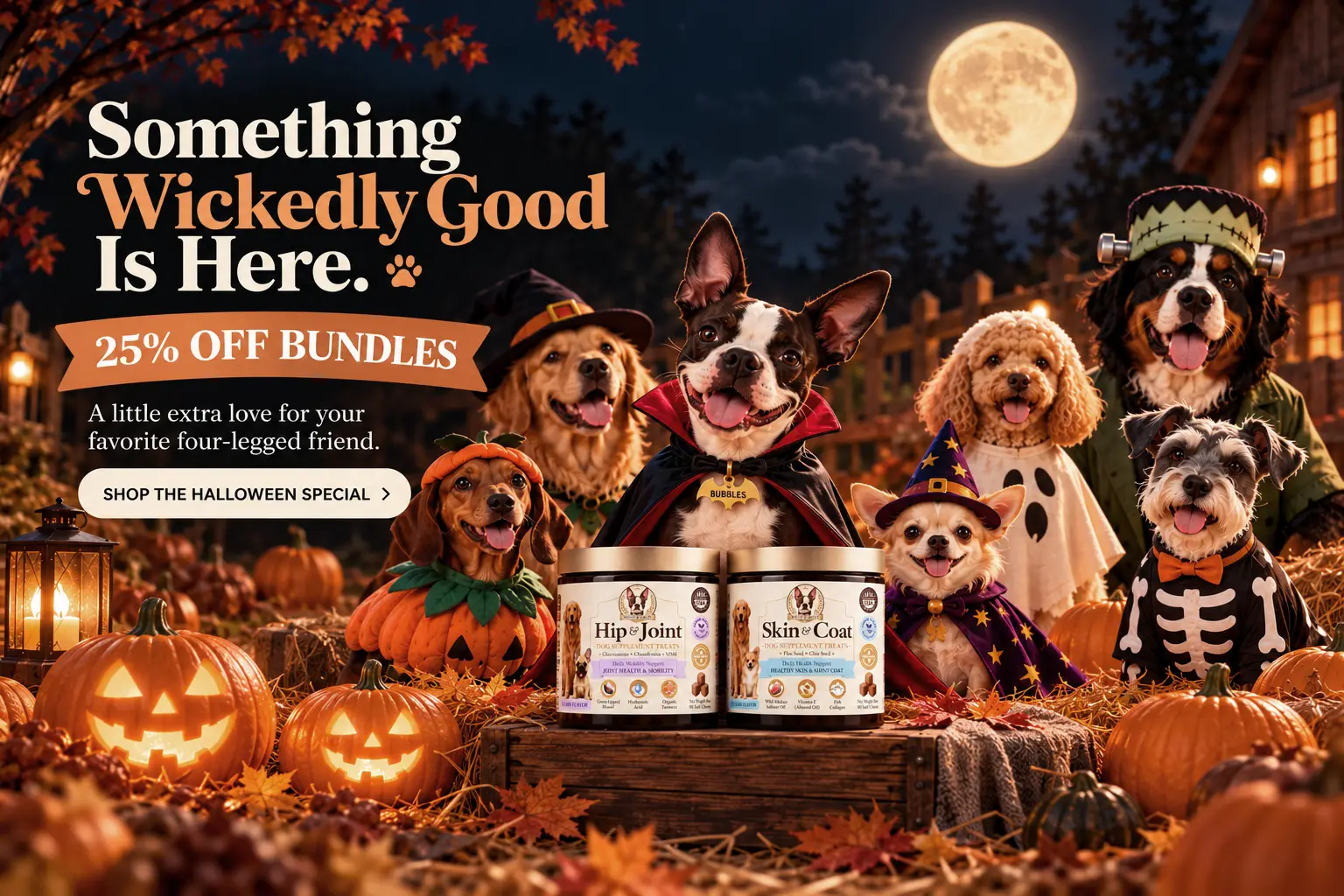 Halloween-themed Bostie Bubbles promotion featuring Bubbles, a brown and white Boston Terrier dressed as a vampire, surrounded by six dogs in playful Halloween costumes, including a witch, ghost, pumpkin, skeleton, and Frankenstein. Set in a moonlit pumpkin patch with glowing jack-o&rsquo;-lanterns and warm autumn decorations, the scene showcases Bostie Bubbles Hip & Joint and Skin & Coat dog wellness soft chews. Promotional text reads &ldquo;Something Wickedly Good Is Here&rdquo; and &ldquo;25% Off Bundles,&rdquo; highlighting a special Halloween offer on dog wellness products.