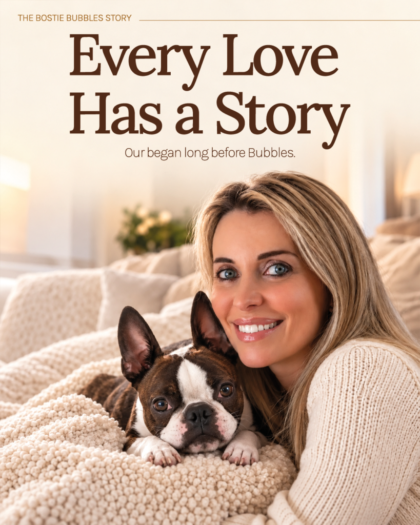 A woman cuddles with her brown and white Boston Terrier on a cozy cream sofa. The warm, sunlit image introduces the Bostie Bubbles story, with the headline “Every Love Has a Story.” A heartfelt introduction to a dog wellness brand inspired by family, unconditional love, and a lifelong passion for dogs.